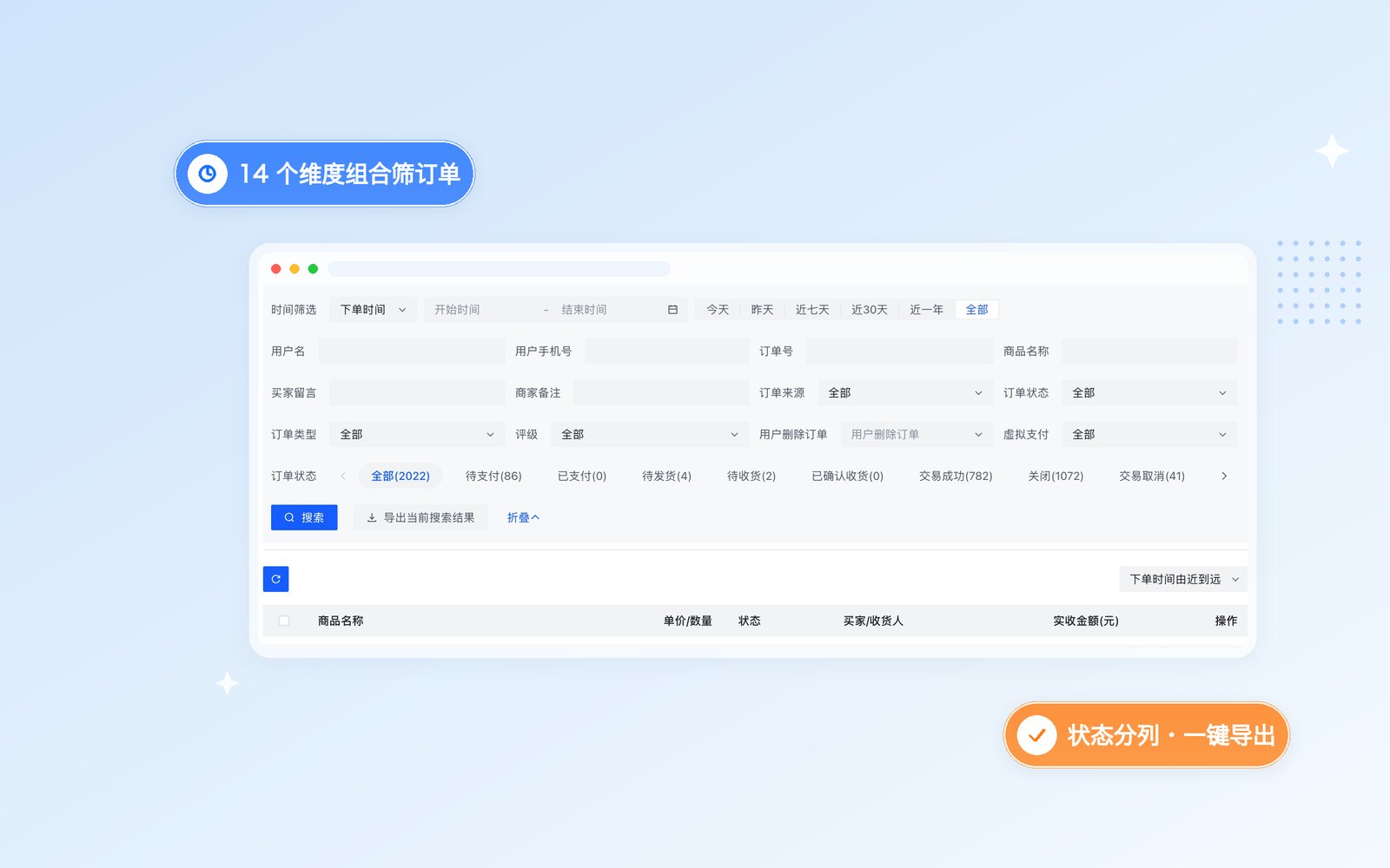 几千笔订单，也能按维度筛到那一笔